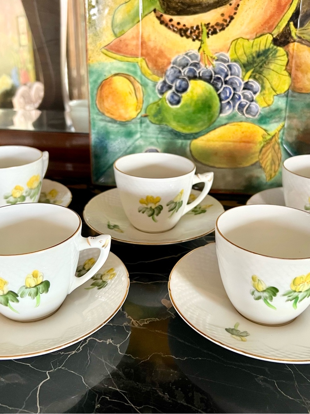 Porcelain Tea Cup and Saucer 5Set Yellow buttercup Floral Motif by B & G Denmark